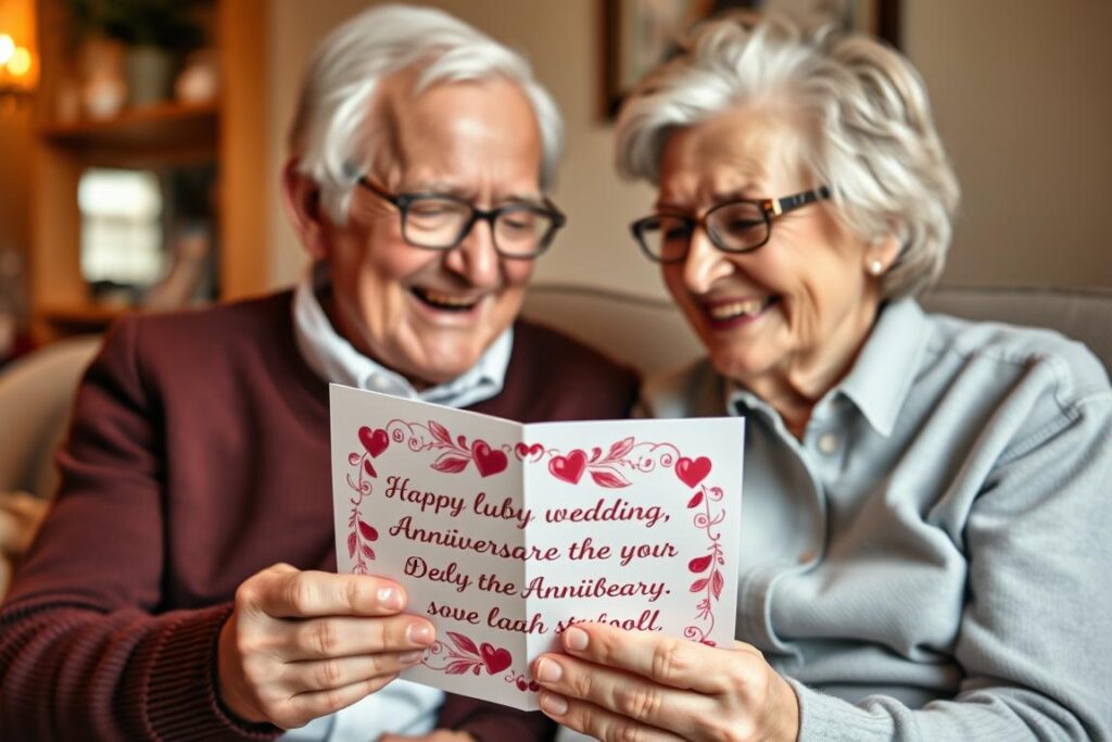 Ein älteres Ehepaar lacht gemeinsam, während sie eine Karte mit einem lustigen Rubinhochzeit Spruch lesen