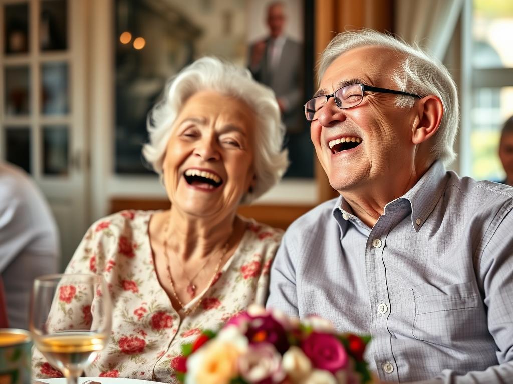 Ein älteres Ehepaar lacht herzlich zusammen bei ihrer Rubinhochzeitsfeier