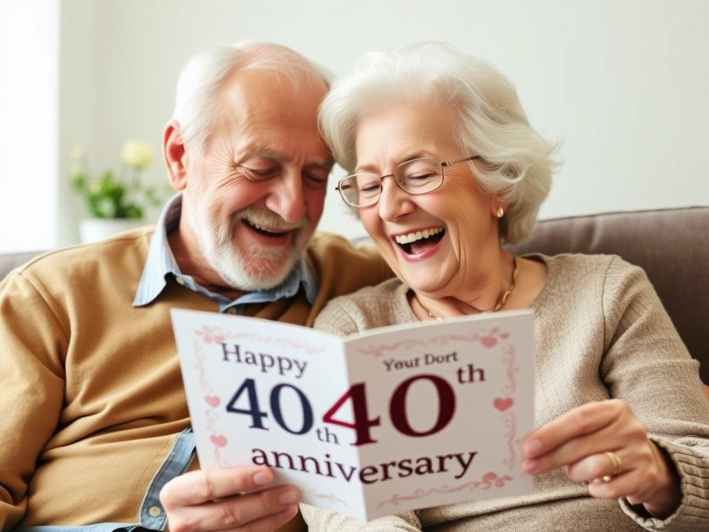 Ein älteres Ehepaar lacht herzlich zusammen, während sie eine humorvolle Karte zum 40. Hochzeitstag lesen
