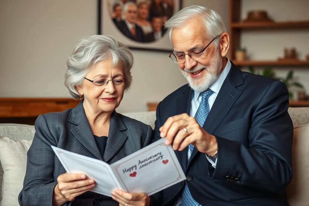 Ein älteres Ehepaar liest gerührt eine Glückwunschkarte zu ihrer Rubinhochzeit