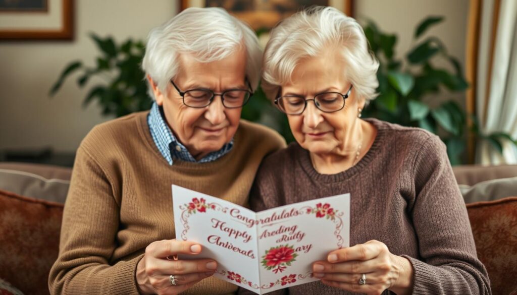 Ein älteres Ehepaar liest gerührt eine Karte mit Glückwünschen zu ihrer Rubinhochzeit