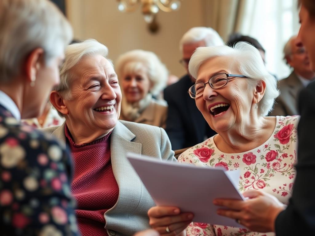 Ein älteres Ehepaar reagiert amüsiert auf einen lustigen Spruch während ihrer Rubinhochzeitsfeier