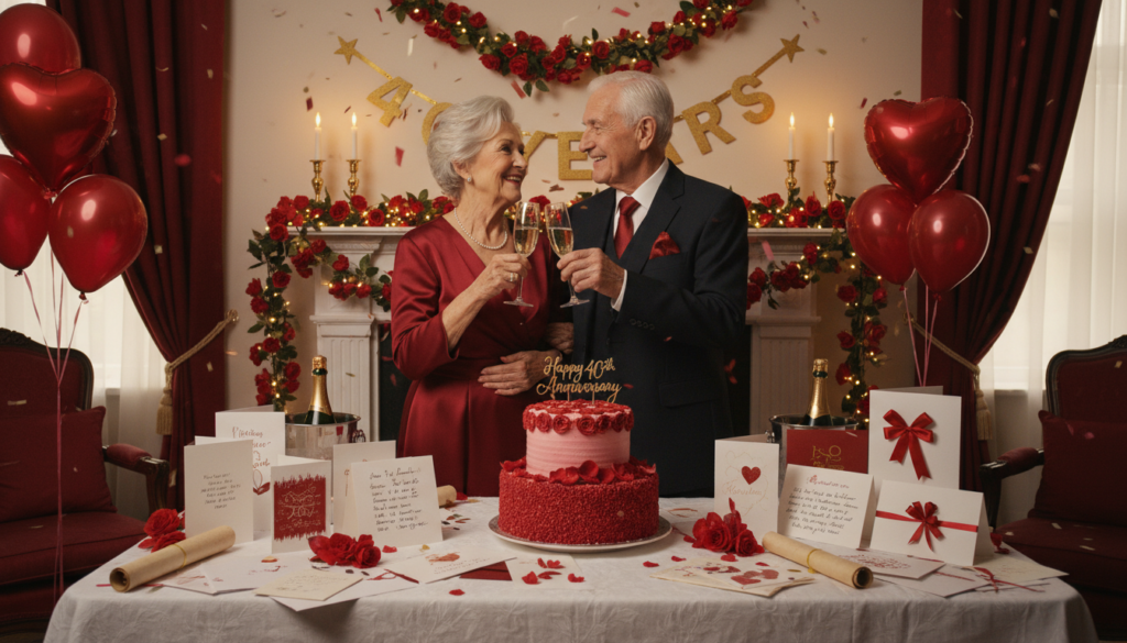 Ein älteres Ehepaar stößt bei der Feier ihrer Rubinhochzeit mit Champagner an, umgeben von Glückwünschen Ein älteres Ehepaar stößt bei der Feier ihrer Rubinhochzeit mit Champagner an, umgeben von Glückwünschen