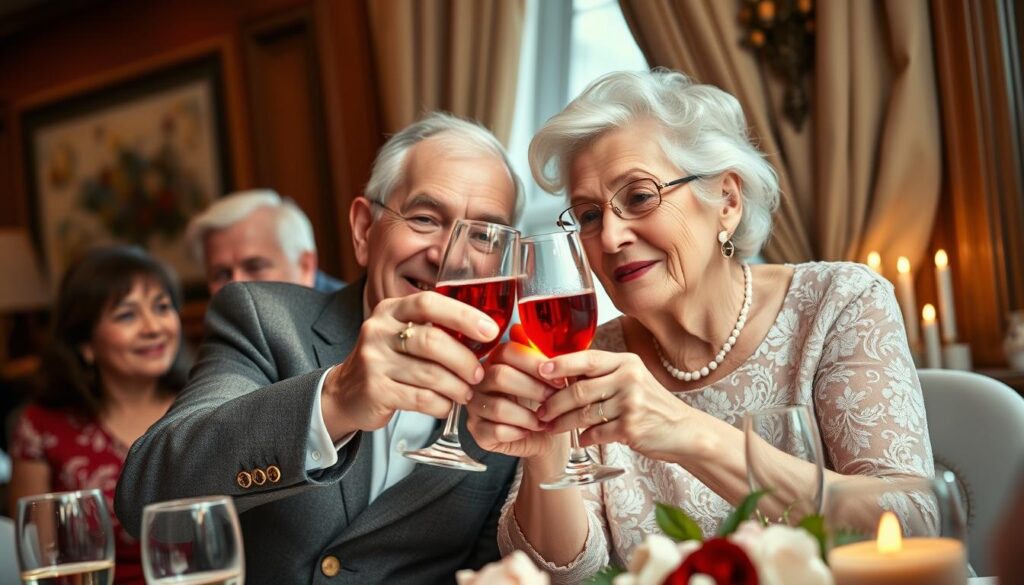 Ein älteres Ehepaar stößt bei ihrer Rubinhochzeitsfeier mit Champagnergläsern an
