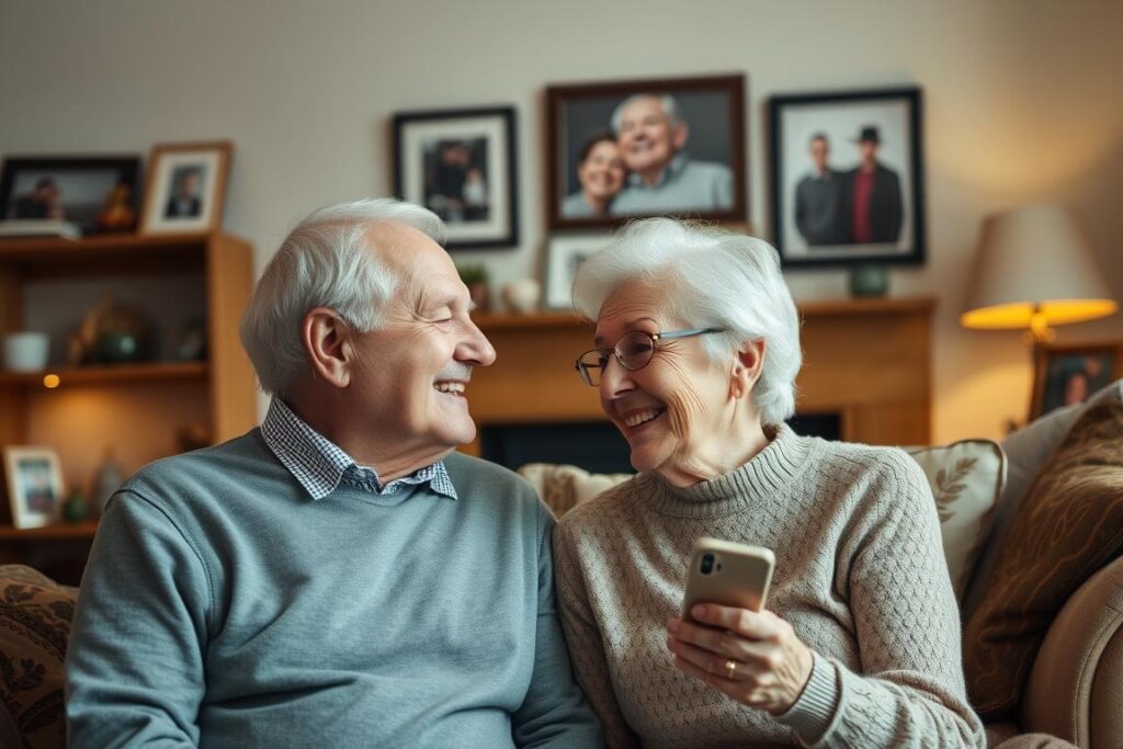 Ein älteres Paar blickt auf 40 gemeinsame Jahre zurück, umgeben von Familienfotos