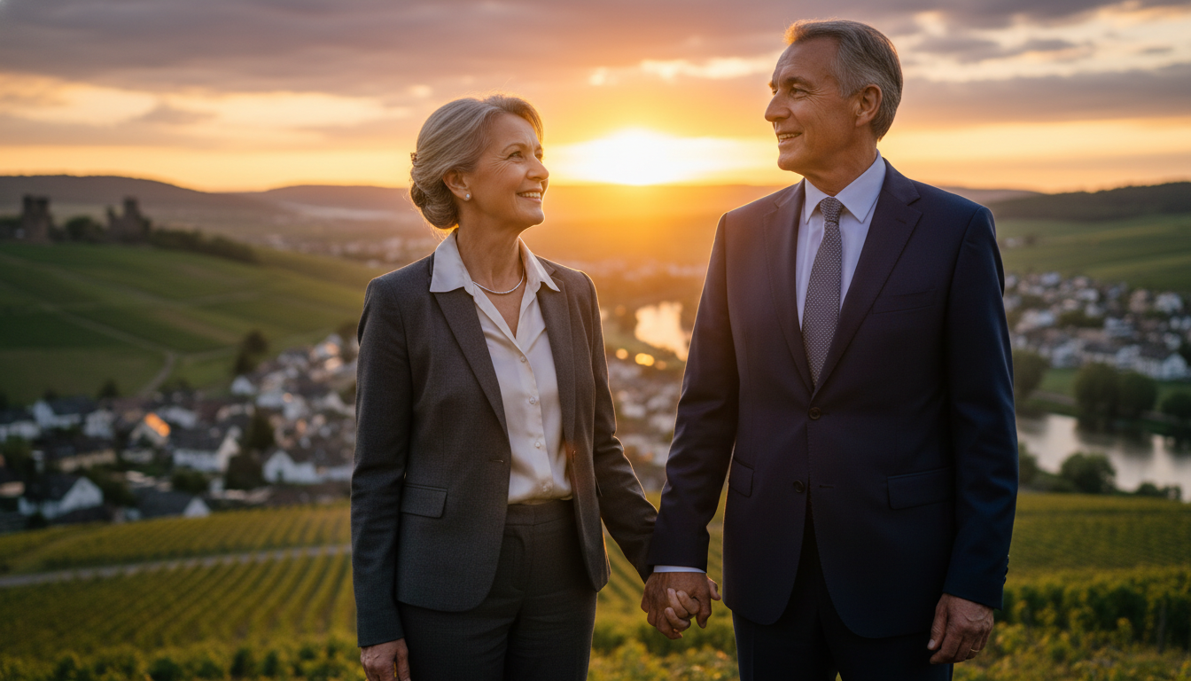 Ein älteres Paar, das 40 Jahre zusammen ist, hält Händchen vor einem Sonnenuntergang