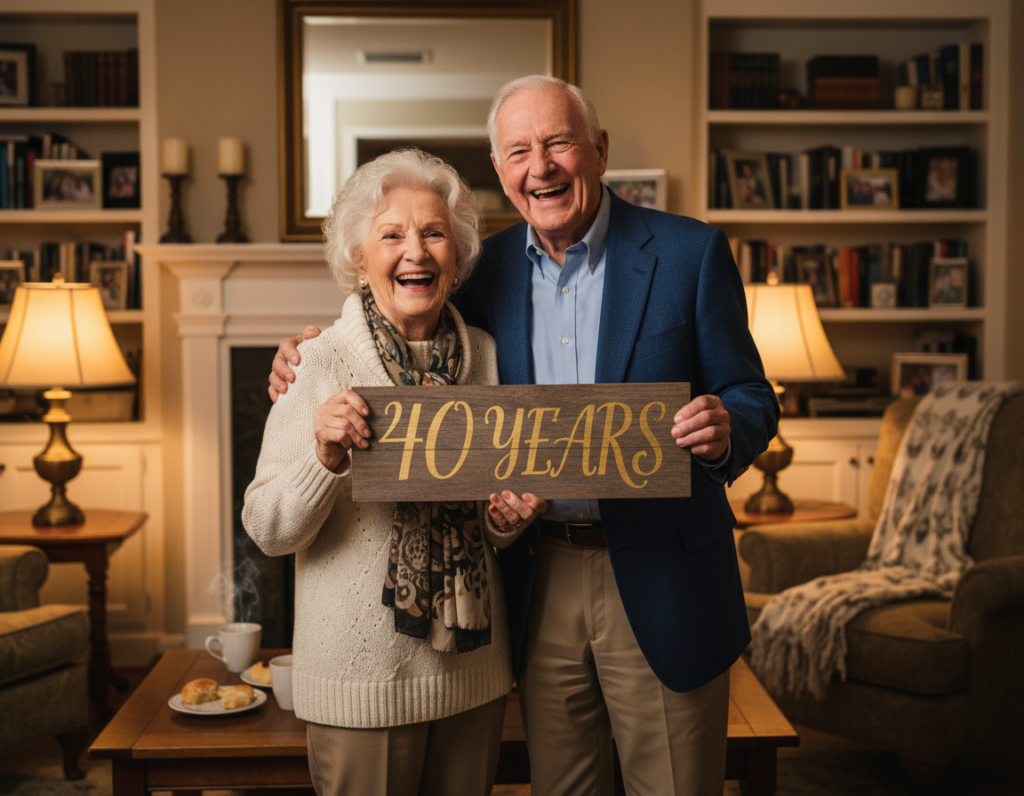 Ein älteres Paar, das zusammen lacht und Spaß hat, mit einem 40-Jahre-Jubiläumsschild