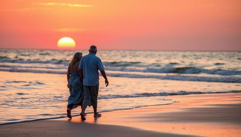 Ein älteres Paar genießt einen romantischen Sonnenuntergang am Strand bei ihrer Rubinhochzeitsreise