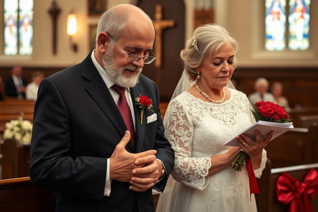 Ein älteres Paar hält betend die Hände während ihrer Rubinhochzeitsfeier Ein älteres Paar hält betend die Hände während ihrer Rubinhochzeitsfeier