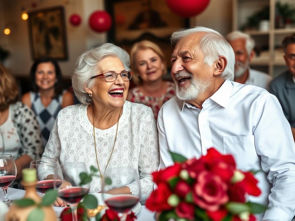 Ein älteres Paar lacht herzlich während ihrer Rubinhochzeitsfeier Ein älteres Paar lacht herzlich während ihrer Rubinhochzeitsfeier