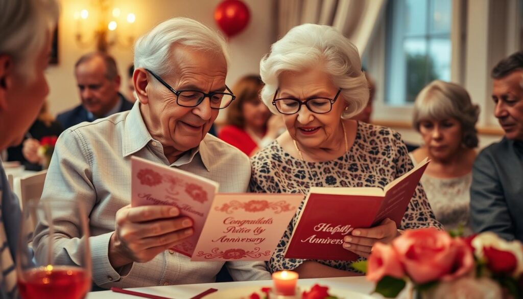 Ein älteres Paar liest gerührt Glückwunschkarten zu ihrer Rubinhochzeit Ein älteres Paar liest gerührt Glückwunschkarten zu ihrer Rubinhochzeit