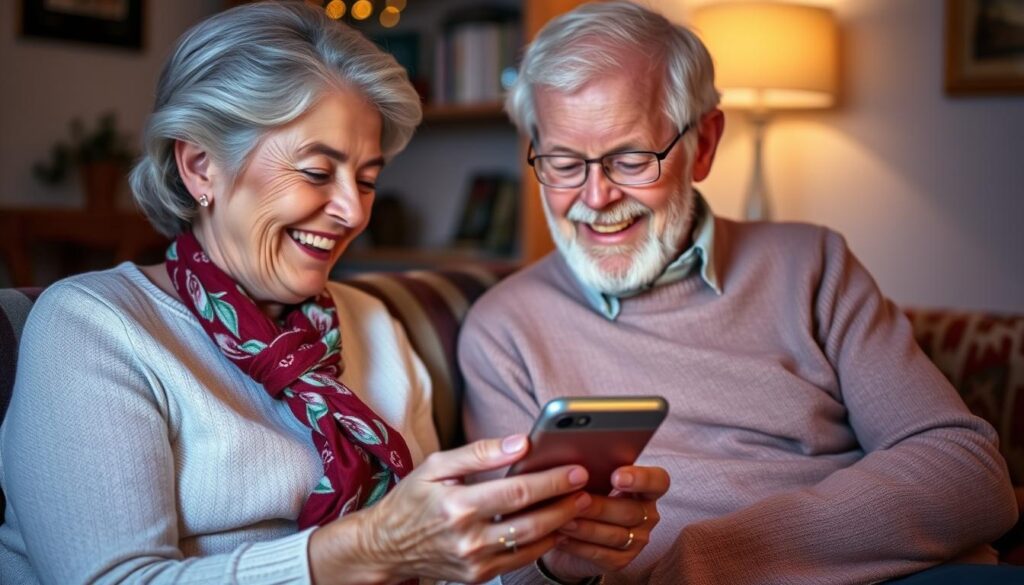 Ein älteres glückliches Ehepaar liest WhatsApp Glückwünsche zu ihrer Rubinhochzeit