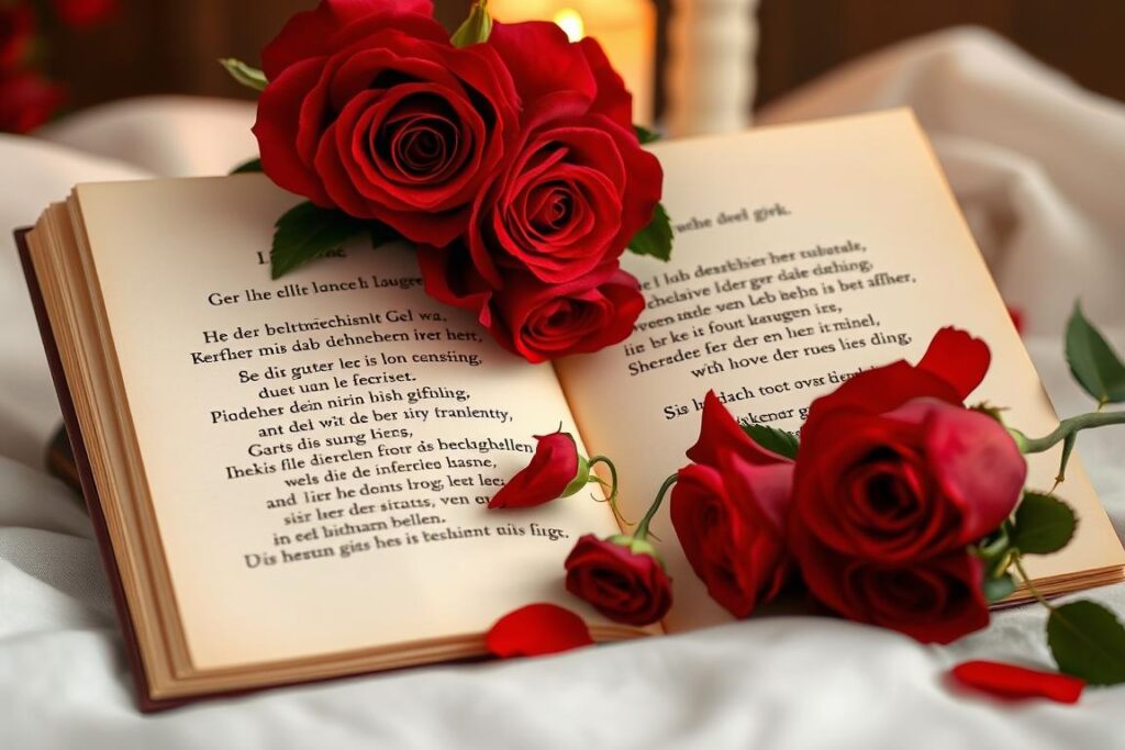 Ein aufgeschlagenes Buch mit literarischen Zitaten über die Liebe, umgeben von rubinroten Rosen