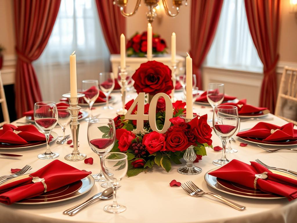 Ein elegant gedeckter Tisch mit rubinroten Dekorationen für eine Rubinhochzeitsfeier