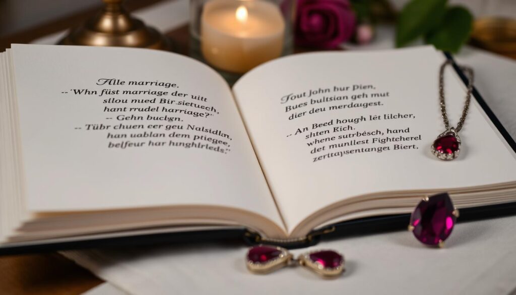 Ein elegantes Buch mit traditionellen deutschen Sprüchen zur Ehe, aufgeschlagen neben einem Rubinschmuckstück