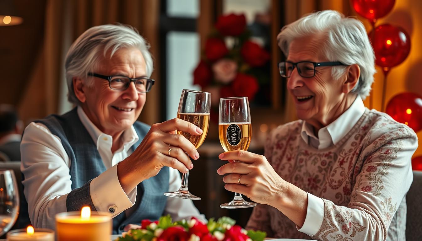 Rubinhochzeit Sprüche kurz: 20 herzliche Glückwünsche zum 40. Hochzeitstag 2 Ein elegantes älteres Paar feiert seine Rubinhochzeit mit Champagnergläsern