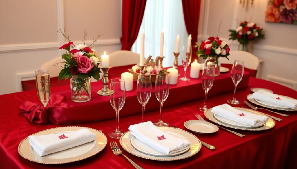 Ein festlich gedeckter Tisch für eine Rubinhochzeitsfeier mit rubinroten Dekorationen