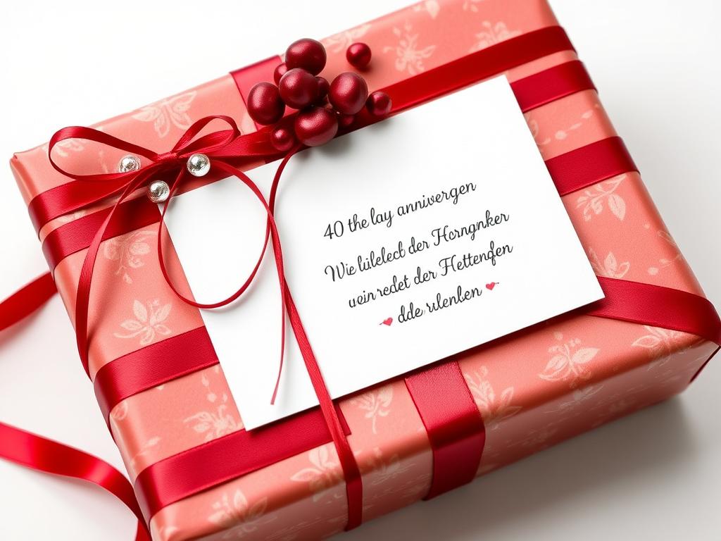 Ein kreativ verpacktes Geschenk zur Rubinhochzeit mit einer Karte, die einen lustigen Spruch enthält
