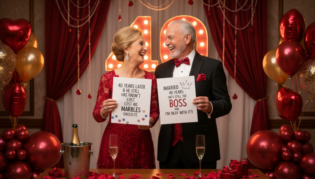 Ein lachendes Ehepaar bei der Feier ihrer Rubinhochzeit, umgeben von humorvollen Glückwünschen Ein lachendes Ehepaar bei der Feier ihrer Rubinhochzeit, umgeben von humorvollen Glückwünschen