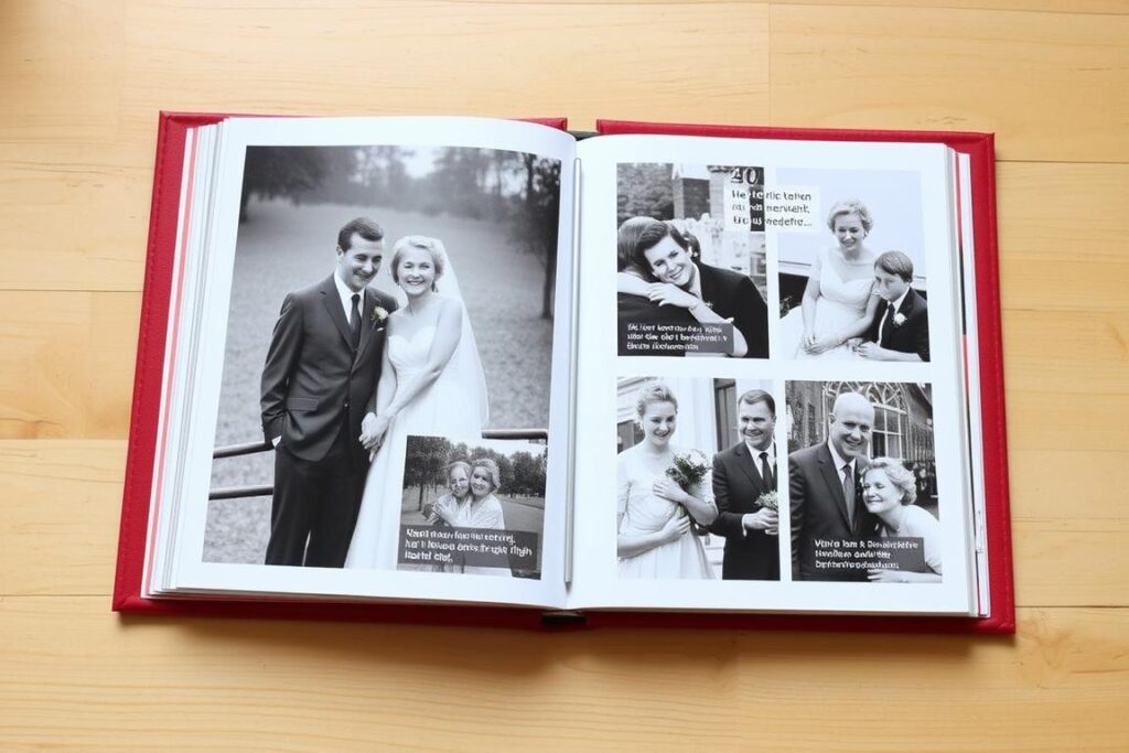 Ein selbstgemachtes Fotoalbum zur Rubinhochzeit mit witzigen Bildunterschriften und Anekdoten