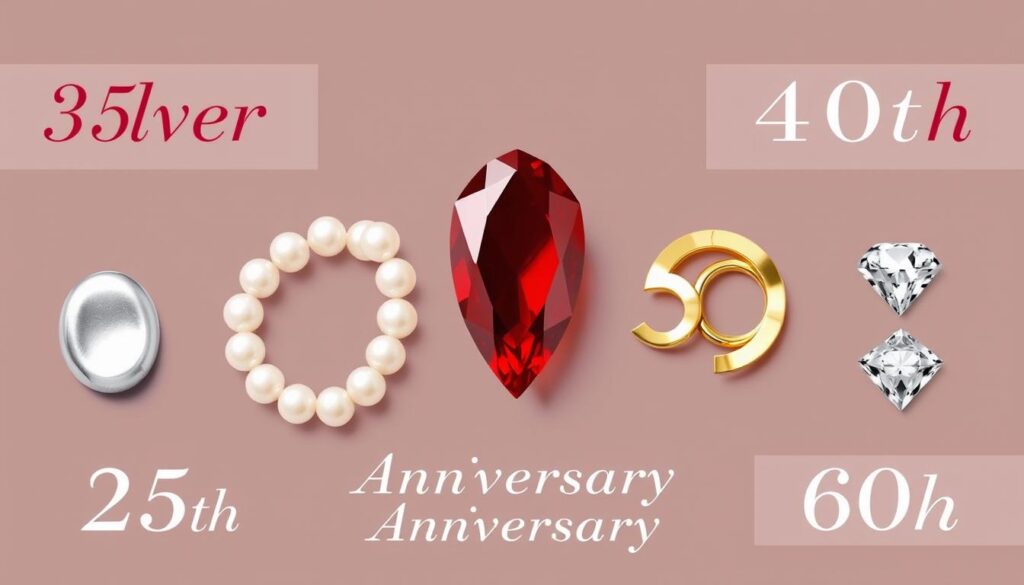 Eine Collage verschiedener Hochzeitsjubiläen mit ihren Symbolen: Silber, Perlen, Rubin, Gold und Diamant