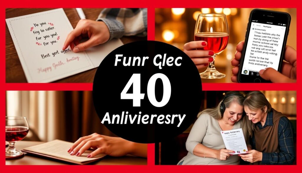 Eine Collage verschiedener Verwendungsmöglichkeiten für lustige Sprüche zur Rubinhochzeit