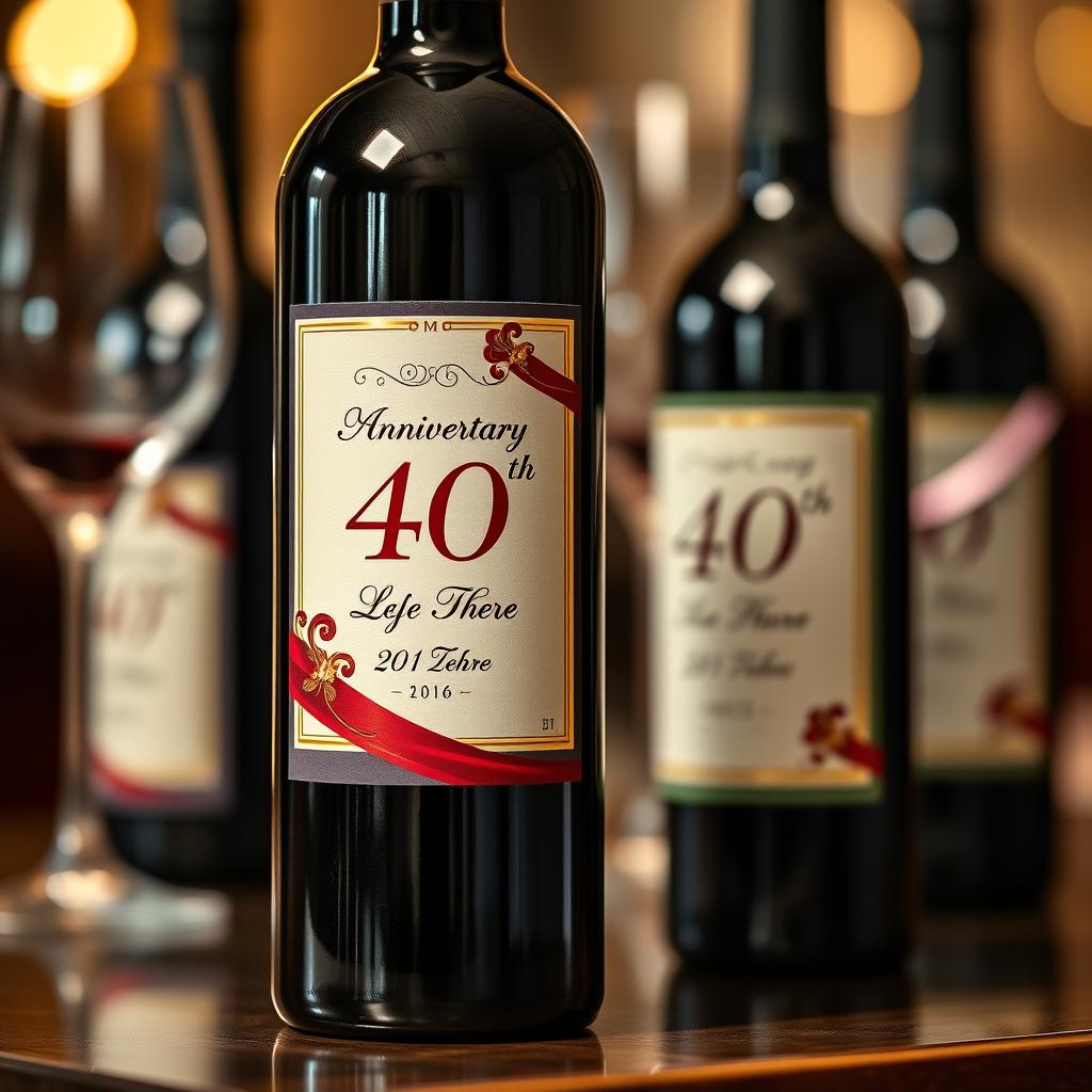 Eine Flasche edlen Rotweins mit personalisierten Etiketten zum 40. Hochzeitstag