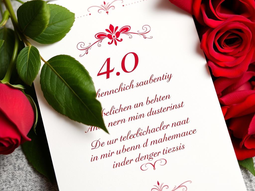 Eine Grußkarte mit Glückwünschen zur Rubinhochzeit neben rubinroten Rosen