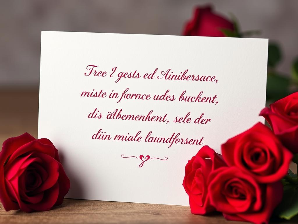 Eine Grußkarte mit einem romantischen Rubinhochzeit Spruch neben roten Rosen