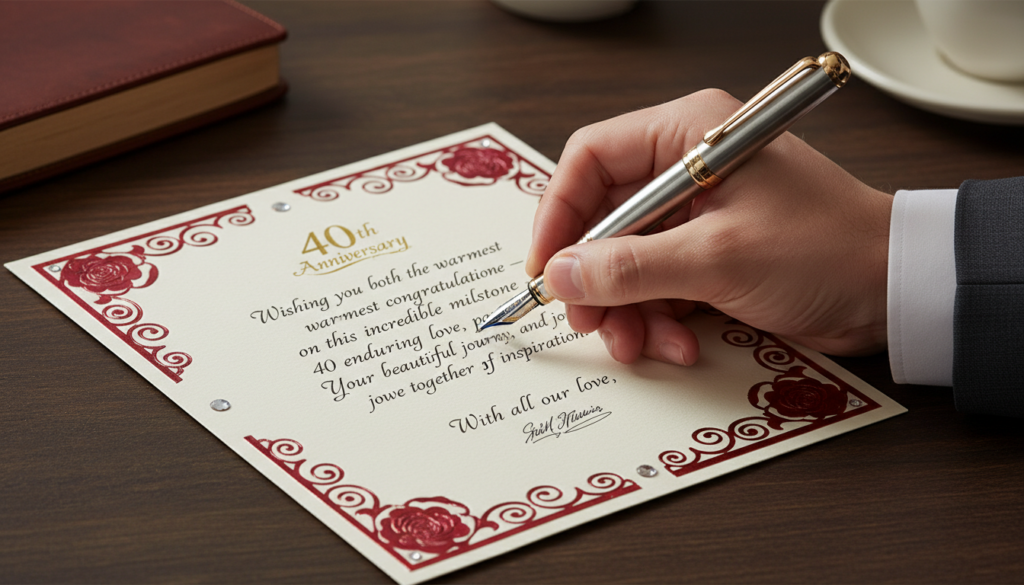 Eine Hand schreibt einen persönlichen Glückwunschtext zur Rubinhochzeit in eine Karte Eine Hand schreibt einen persönlichen Glückwunschtext zur Rubinhochzeit in eine Karte
