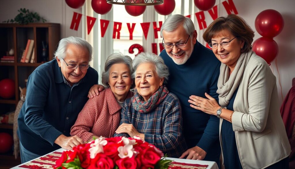 Eine Mehrgenerationenfamilie feiert gemeinsam die Rubinhochzeit der Großeltern