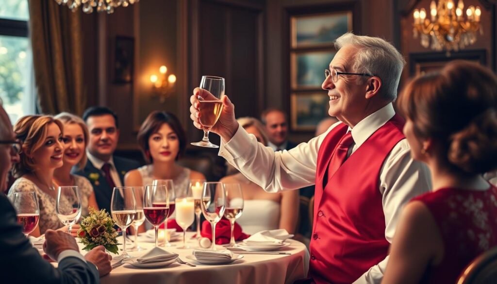 Eine Person hält ein Glas für einen Toast bei einer Rubinhochzeitsfeier