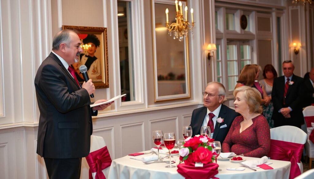 Eine Person hält eine Rede bei einer Rubinhochzeitsfeier, das Jubelpaar sitzt am Tisch