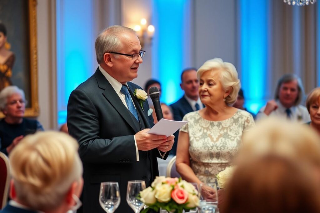 Eine Person hält eine Rede bei einer Rubinhochzeitsfeier, umgeben von Gästen