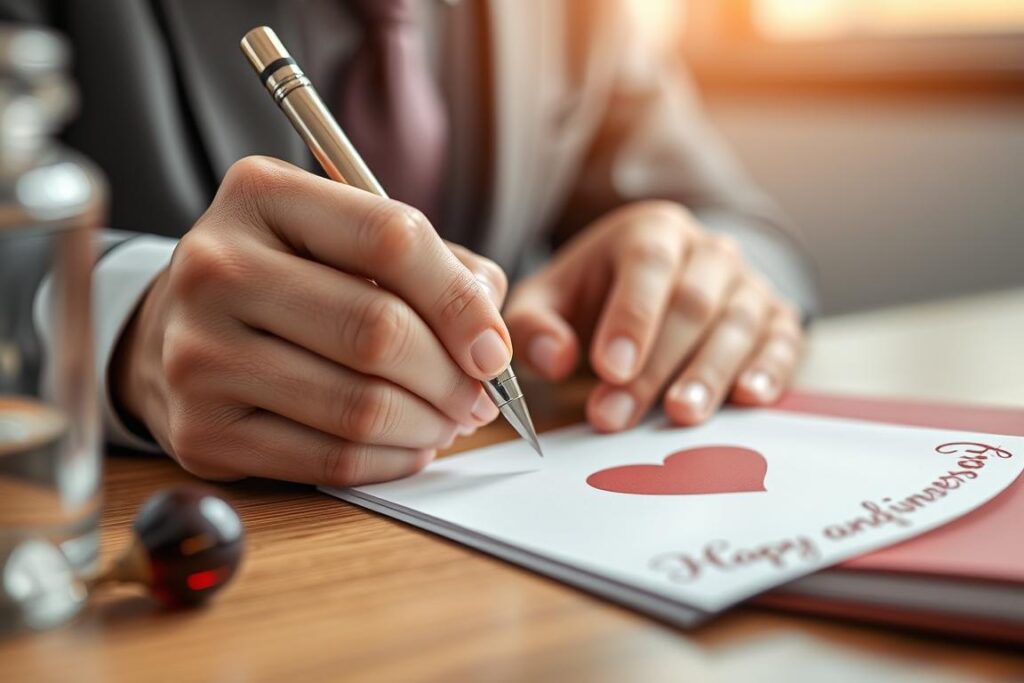 Eine Person schreibt einen persönlichen Spruch in eine Karte für den 40. Hochzeitstag