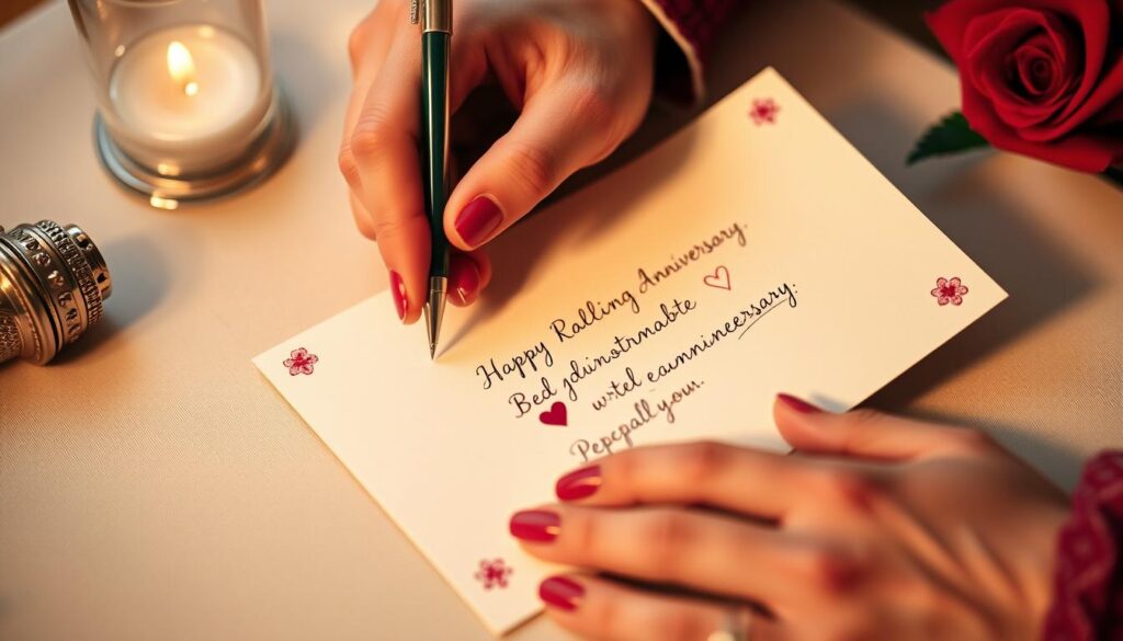 Eine Person schreibt einen personalisierten Rubinhochzeit Spruch in eine Karte