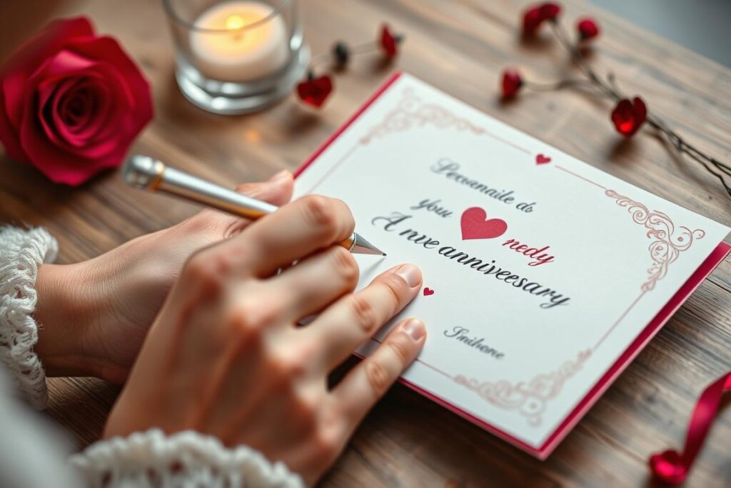 Eine Person schreibt einen personalisierten Spruch in eine handgemachte Karte zur Rubinhochzeit