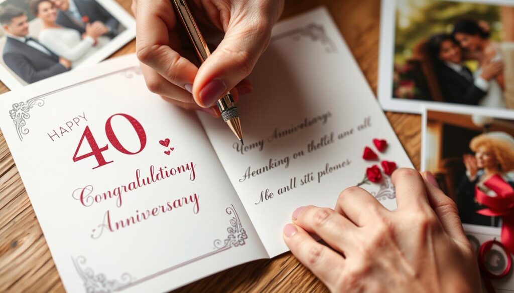 Eine Person schreibt persönliche Glückwünsche in eine Karte für den 40. Hochzeitstag