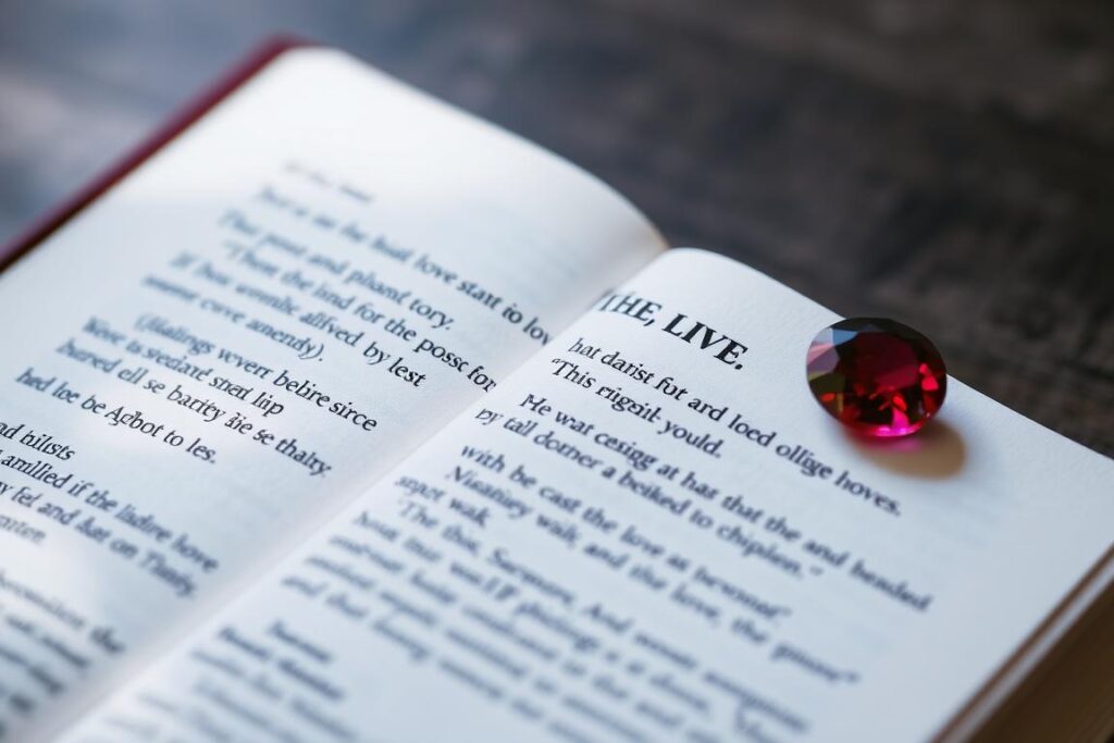 Eine aufgeschlagene Bibel mit einem markierten Vers über die Liebe, daneben liegt ein Rubin