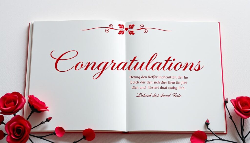 Eine aufgeschlagene Glückwunschkarte mit einem vollständigen Text zur Rubinhochzeit