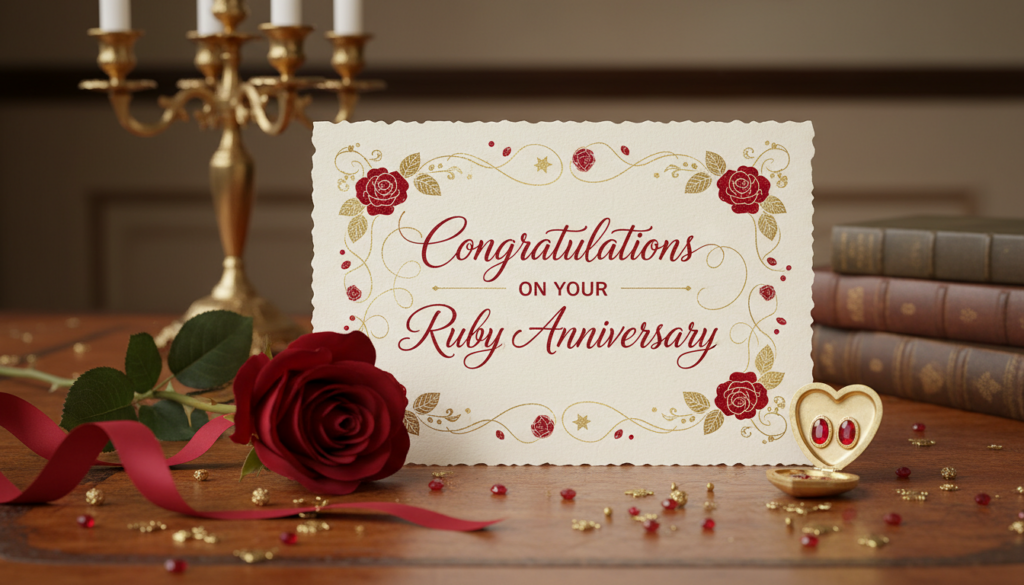 Eine elegante Glückwunschkarte zur Rubinhochzeit mit kalligrafischer Schrift