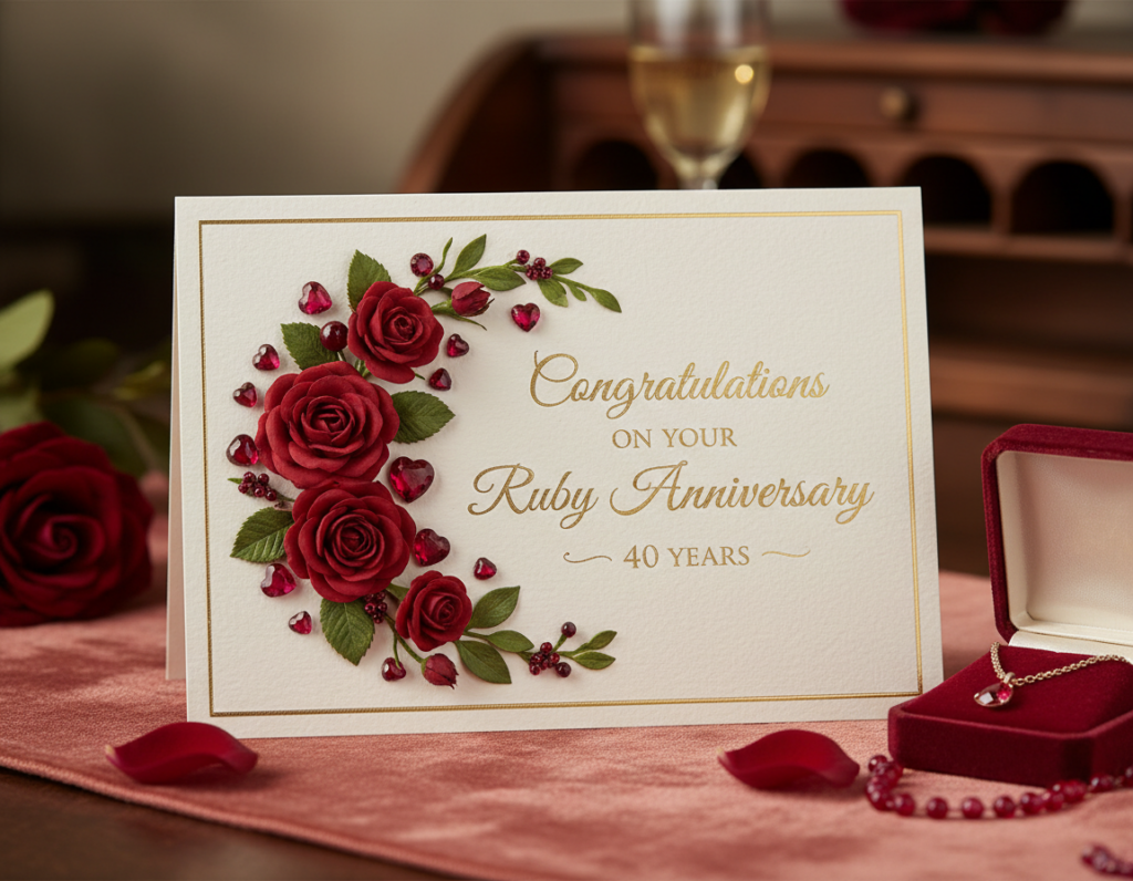Eine elegante Glückwunschkarte zur Rubinhochzeit mit roten Rosen