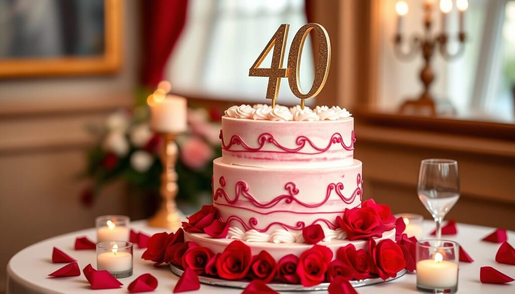 Eine elegante Rubinhochzeitstorte mit 40 in Gold und rubinroten Verzierungen Eine elegante Rubinhochzeitstorte mit 40 in Gold und rubinroten Verzierungen