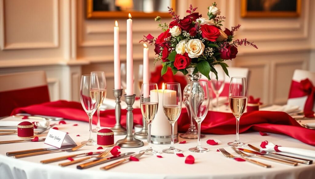 Eine festlich gedeckte Tafel für eine Rubinhochzeitsfeier mit rubinroten Dekorationen Eine festlich gedeckte Tafel für eine Rubinhochzeitsfeier mit rubinroten Dekorationen