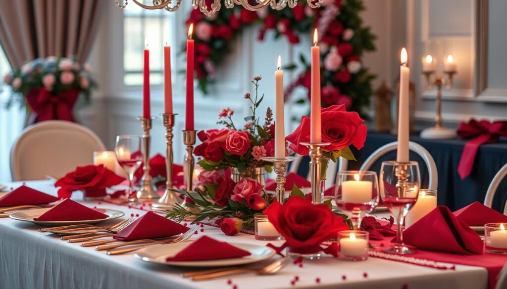 Eine festlich gedeckte Tafel mit rubinroten Dekorationen für eine Rubinhochzeitsfeier