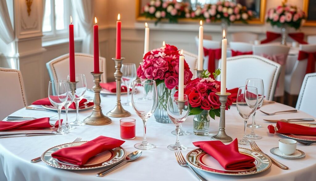 Eine festlich gedeckte Tafel mit rubinroter Dekoration für die Feier des 40. Hochzeitstags