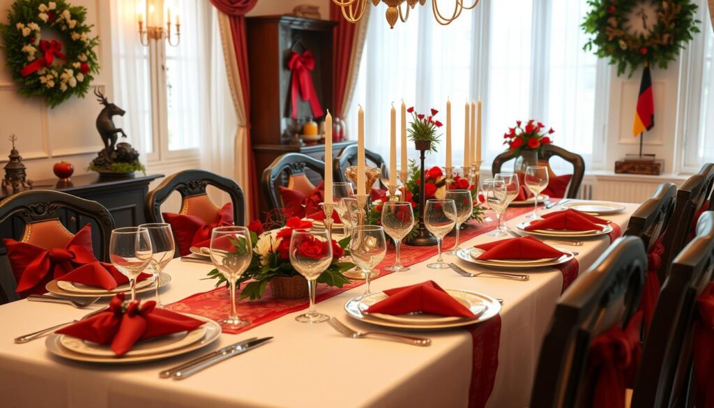 Eine festliche Tafel bei einer Rubinhochzeitsfeier mit typisch deutscher Dekoration Eine festliche Tafel bei einer Rubinhochzeitsfeier mit typisch deutscher Dekoration