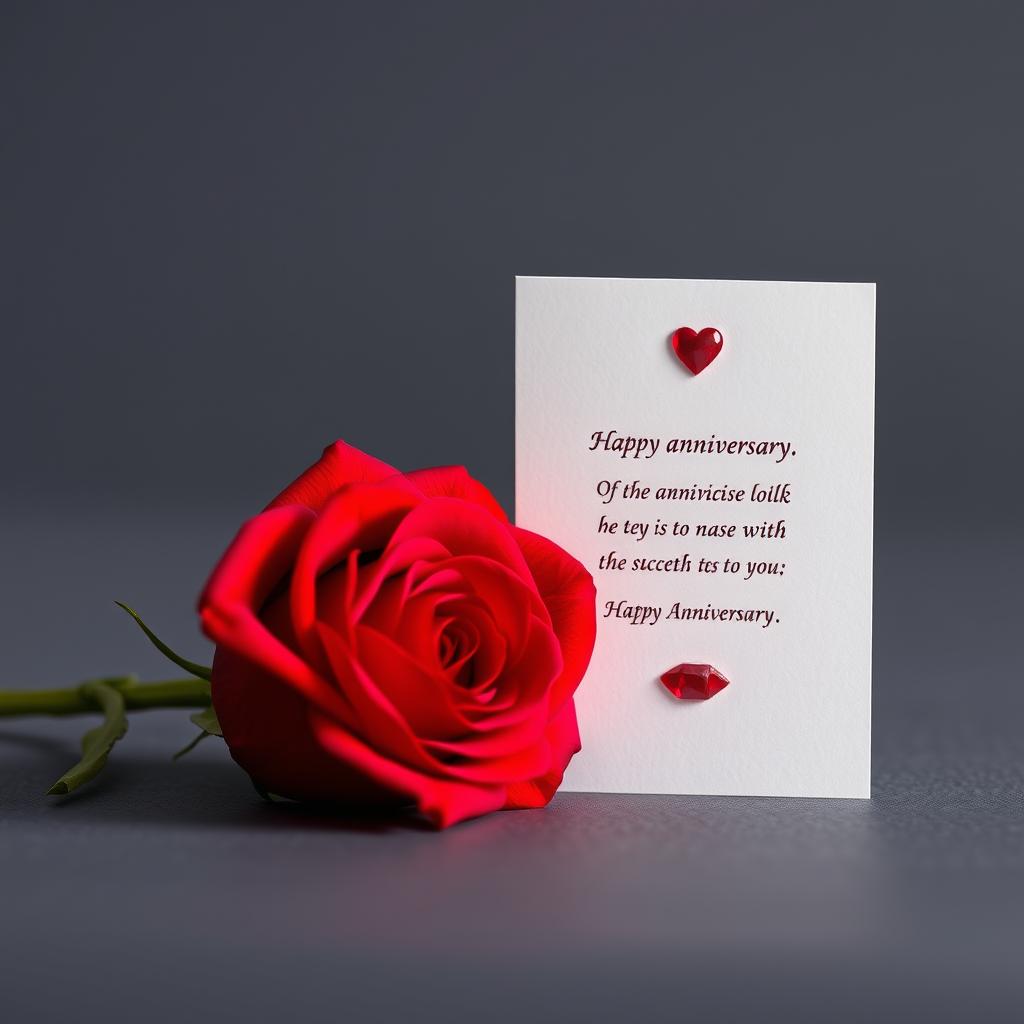 Eine kleine Karte mit einem kurzen Spruch zur Rubinhochzeit neben einer roten Rose