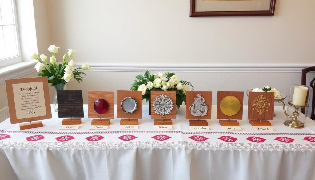 Eine traditionelle deutsche Hochzeitstafel mit Symbolen verschiedener Hochzeitstage