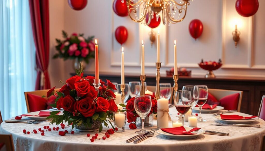 Festlich dekorierter Tisch für eine Rubinhochzeitsfeier mit rubinroten Elementen